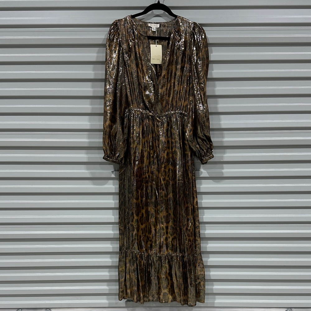 Metallic Leopard Print Maxi Dress in Brown